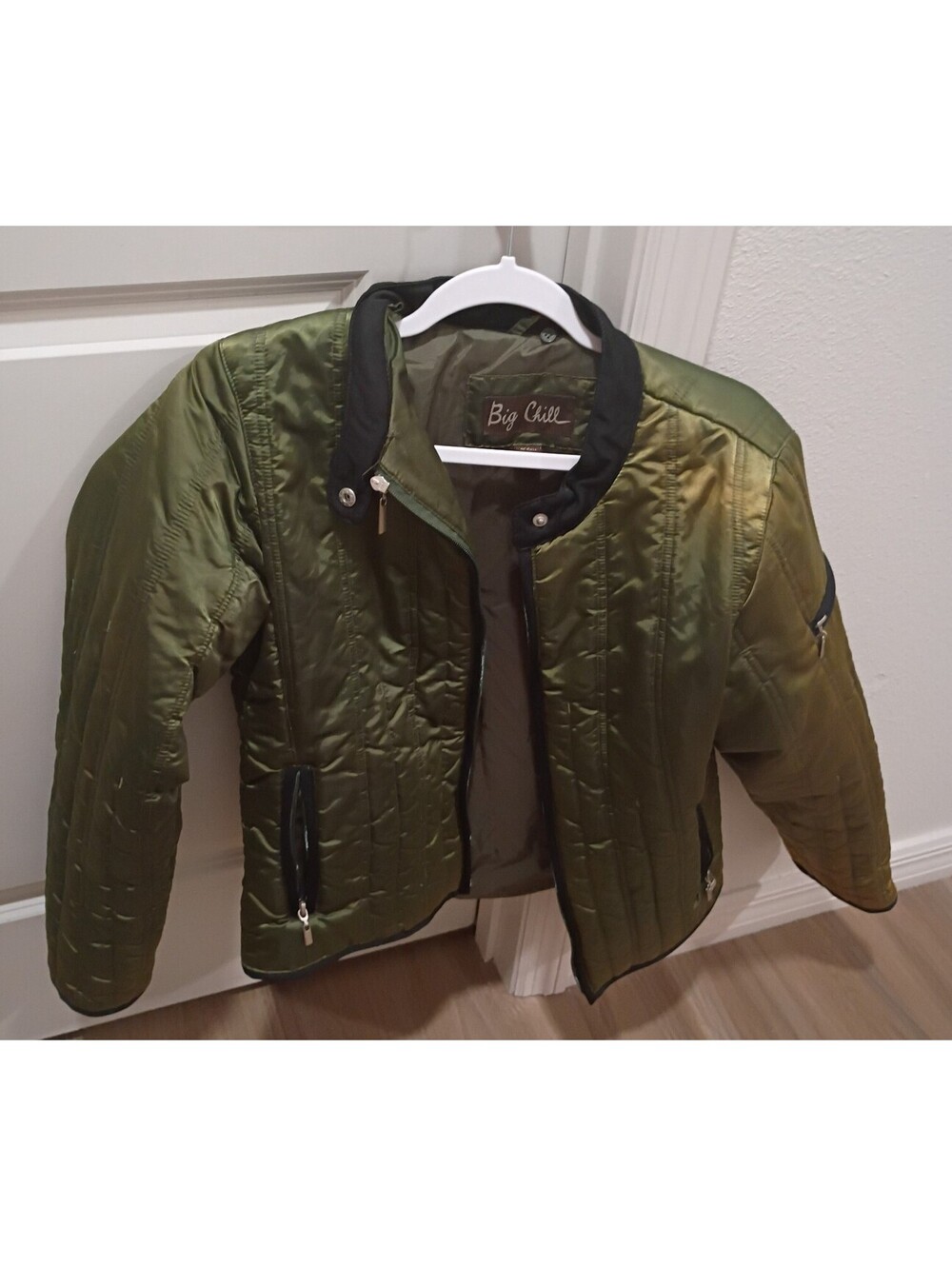 Big Chill Women’s Medium Olive Green Lightweight Moto Jacket Zip Pockets Y2K